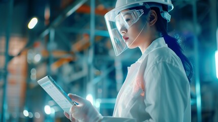 Poster - Industry 40 Modern Factory Female Engineer Uses Digital Tablet Computer with Augmented Reality Software Visualizing of Manufacturing Plant Room Mapping Factory Layout Concept Shot Suit : Generative AI