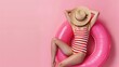Top view full size young woman in striped swimsuit lies on inflatable rubber ring pool read book cover face with hat isolated on plain pastel pink background Summer vacation sea rest s : Generative AI