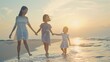 © Generative AI - Happy Asian family on beach vacation Mother and little daughter walking and playing together on tropical beach at summer sunset Mom and child girl kid enjoy and fun outdoor lifestyle o : Generative AI
