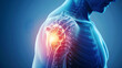 Person suffering from shoulder pain. Joint problems and arthritis on a dark background. Health and medical concept.
