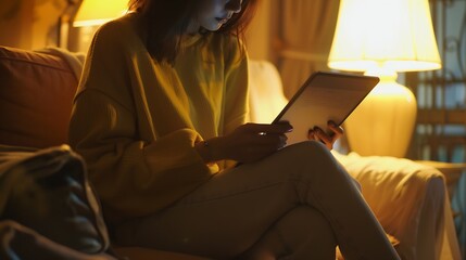 Poster - Woman reading blog on tablet All contents are made up : Generative AI