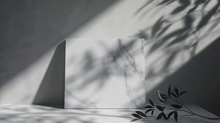 Poster - Abstract empty marble board with shadows leaves on a gray background Layout concept for promotional product presentation sale or cosmetics display Front view and copy space : Generative AI