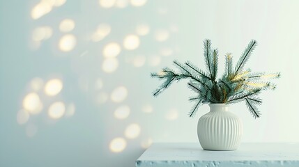 Aufkleber - Christmas New Year home decor Empty white wall mock up with green fir branches in a vase on a white table Mock up for displaying works : Generative AI