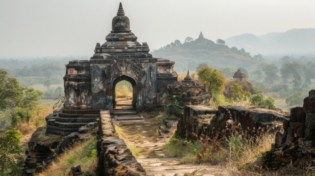 The ancient city of Mrauk U in Myanmar known for its fortress-like temples and pagodas built of stone offering insights into the Rakhine Kingdom.