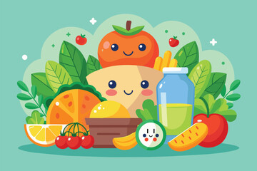 Wall Mural - A cartoon character is surrounded by a variety of colorful fruits and vegetables, Healthy food Customizable Cartoon Illustration