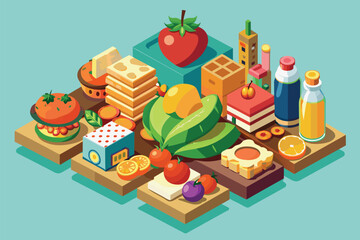 Wall Mural - Various nutritious food items spread out on a table, showcasing a mix of colors and textures, Healthy food Customizable Isometric Illustration