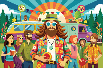 Canvas Print - A diverse group of individuals gather around a van, chatting and socializing in a casual outdoor setting, Hippie party Customizable Disproportionate Illustration