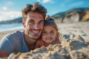 Caucasian father and daughter playing in the sand on the beach.