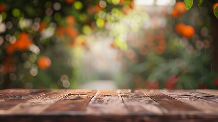 Poster - Wood table top with blur of orange garden in the morningFor montage product display or design key visual layout : Generative AI