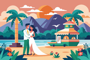 Wall Mural - A man and a woman are standing on a sandy beach overlooking the ocean, Honeymoon Customizable Semi Flat Illustration
