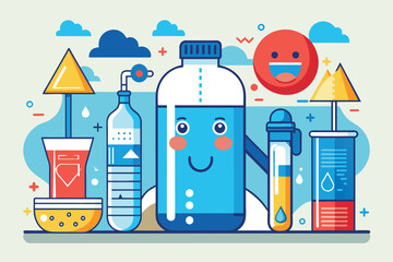 Poster - A blue water bottle is placed among various science equipment in a laboratory setting, Hydratation Customizable Disproportionate Illustration