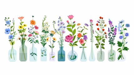 Wall Mural - A vibrant collection of flower bouquets featuring plants in vases and glass bottles, including cartoon peonies and lush greenery, beautifully depicted in vector format.