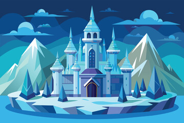 Canvas Print - A castle stands tall amidst a snowy landscape, surrounded by white-covered trees and frozen grounds, Ice castle Customizable Semi Flat Illustration