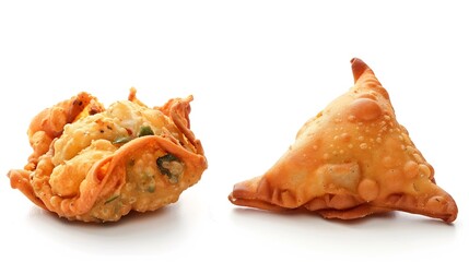 Isolated samosa and pakora on white background Spicy indian or pakistani snacks : Generative AI