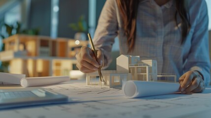 Aufkleber - business architecture building and construction concept  architect woman with compass measuring blueprint of living house at office : Generative AI