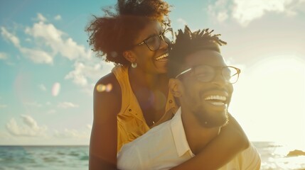 African american happy couple having fun piggyback riding and playing airplane on the beach  Black man and afro hair woman in playful moment on the shore at summer time  Concept of hap : Generative AI