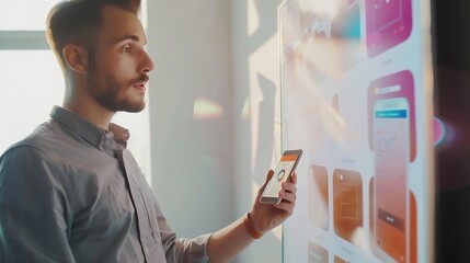 Poster - Portrait of young businessman giving presentation to colleagues Young man showing new app design layout on white board to coworkers during business presentation : Generative AI