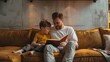 © Javier - A man and a boy are sitting on a couch reading a book together
