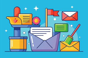 Poster - A blue background showcasing a mail icon and a flower, creating an interesting visual composition, Inbox cleanup Customizable Disproportionate Illustration