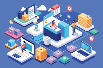 Poster - Several individuals standing together atop a giant cell phone in an isometric illustration, Intranet Customizable Isometric Illustration