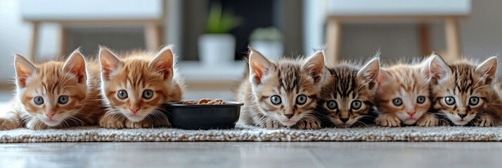 Selective focus of A group of kittens are eating in the house.