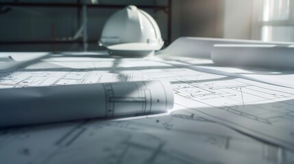 Aufkleber - Architectural designed building blueprint layout and engineer tool for designing blueprint with contractor project document on engineer workspace table in office with safety helmet or  : Generative AI