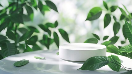 Aufkleber - White round template podium mockup for natural organic cosmetic product presentation ad concept on green eco forest fresh leaves nature flatlay background trendy stylish minimalist fla : Generative AI