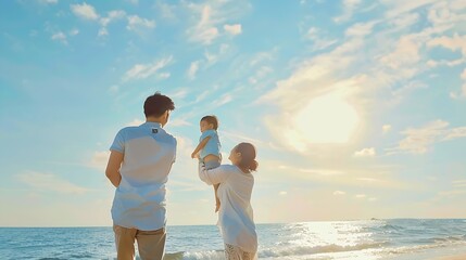 Wall Mural - Happy family having fun on the beach Mother and father holding son against blue sea and sky background Summer vacation concept : Generative AI