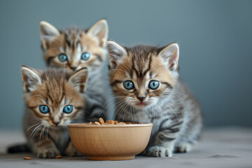 Selective focus of A group of kittens are eating in the house.