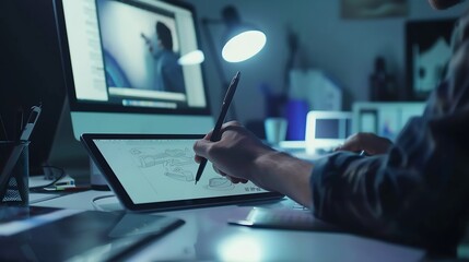 Fototapete - Graphic designer sketching new project on tablet working with laptop in office : Generative AI