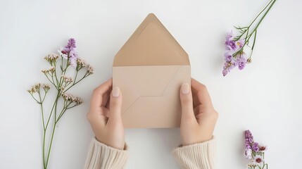 Poster - Womans hands holding kraft envelope with blank wedding invitation card Creative mock up layout on white background top view flat lay overhead Minimalistic womans desk flowers greeting  : Generative AI
