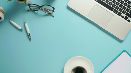 Poster - Modern office desk table with laptop keyboard cup of coffee paper notebook pen glasses on blue background Writer or blogger workspace flat lay top view Business and technology concept : Generative AI