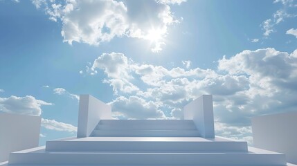 Aufkleber - Front view of white podium and stairway with blank space in blue cloudy sky background abstract content : Generative AI