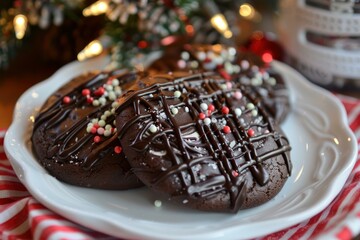 Poster - Delicious homemade chocolate cookies with sprinkles, served on a festive holiday background