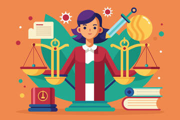 Poster - A woman is standing in front of a scale and books, Justice Customizable Flat Illustration