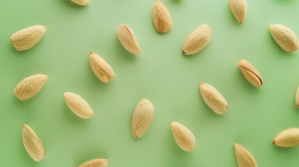 Poster - Creative layout made of almond on the green background Flat lay Food concept Macro concept : Generative AI