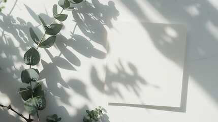 Aufkleber - Empty paper card and eucalyptus branches on the white table Natural sunlight with trendy shadows Minimalist style mockup : Generative AI