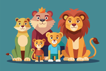 Sticker - A cluster of lions gathered closely together, sitting side by side in a simple formation, Lion family Customizable Flat Illustration