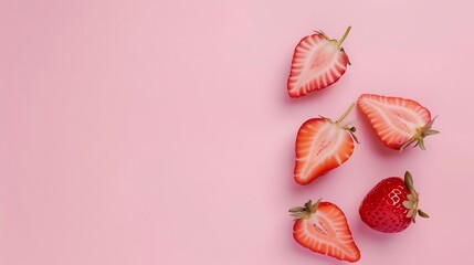 Poster - Creative layout made of sliced strawberry against pastel pink background Copy space Creative summer idea Minimal fruit concept : Generative AI