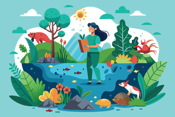 Sticker - A woman stands in a river surrounded by plants and animals in a diverse ecosystem, Loss of biodiversity Customizable Flat Illustration