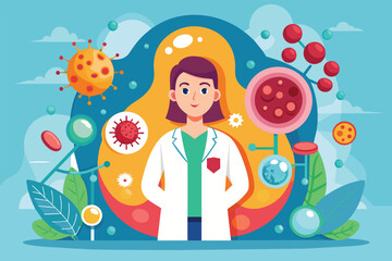 Poster - A woman wearing a lab coat stands in front of a science-themed background, conducting research, Lymphoma Customizable Flat Illustration