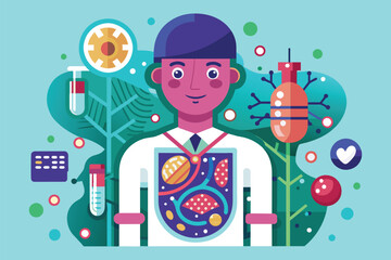 Poster - A man holds a plate adorned with a science motif, Lymphoma Customizable Flat Illustration