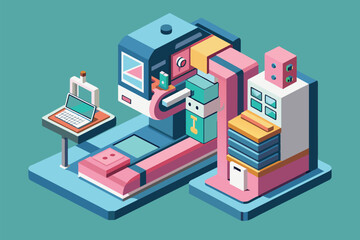 Poster - A computer and a laptop are placed on a table in a room, Mammography Customizable Isometric Illustration