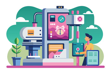 Poster - A man standing in front of a mammography machine, inspecting its components and functionality, Mammography Customizable Semi Flat Illustration