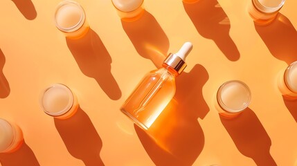 Poster - Seamless pattern of anti aging serum in glass bottle with dropper on pastel orange background Creative layout cosmetic seamless pattern flat lay For packaging design printing on fabric : Generative AI