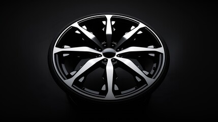 Wall Mural - alloy wheel black with a white groove 6 beams for SUVs and crossovers closeup on a black background panoramic layout for advertising a tire spare parts store panorama : Generative AI