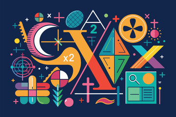 Poster - Multicolored objects arranged on a vibrant blue backdrop, Mathematics Customizable Disproportionate Illustration