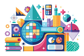 Poster - Assorted colorful objects scattered on a plain white background, creating a vibrant and dynamic composition, Mathematics Customizable Semi Flat Illustration