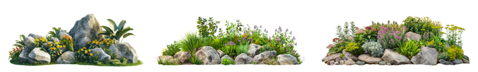 Poster - Garden landscape design big rocks with tropical plants and fir trees grass isolated on transparent or white background.3d rendering