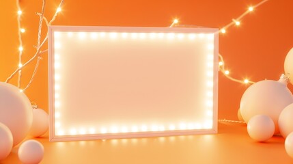 Poster - White empty frame in orange solid color studio scene white lights Halloween background Product display mockup design : Generative AI